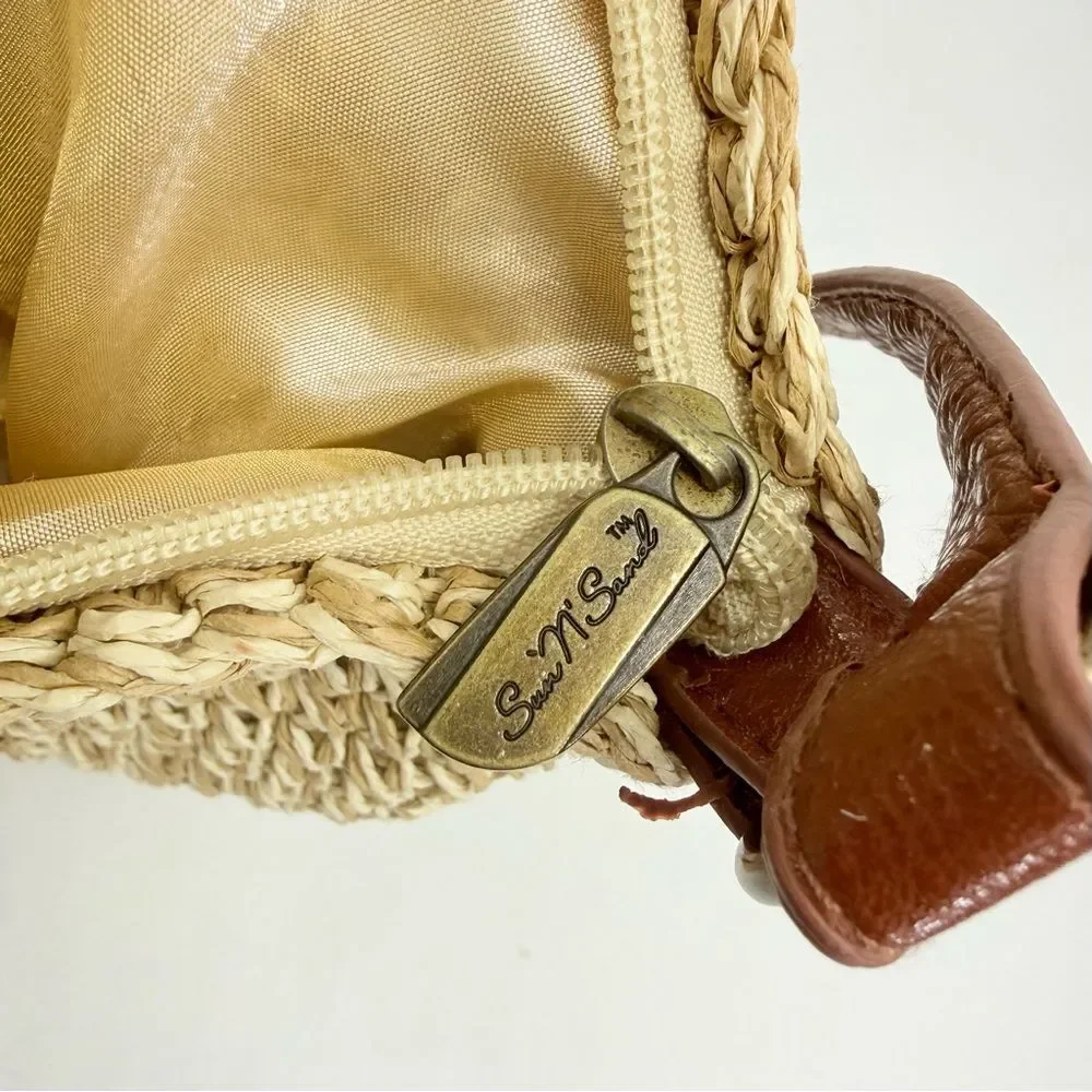 Sun N Sands Tan Woven Jute Faux Leather Bead Medallion Flap Crossbody Bag